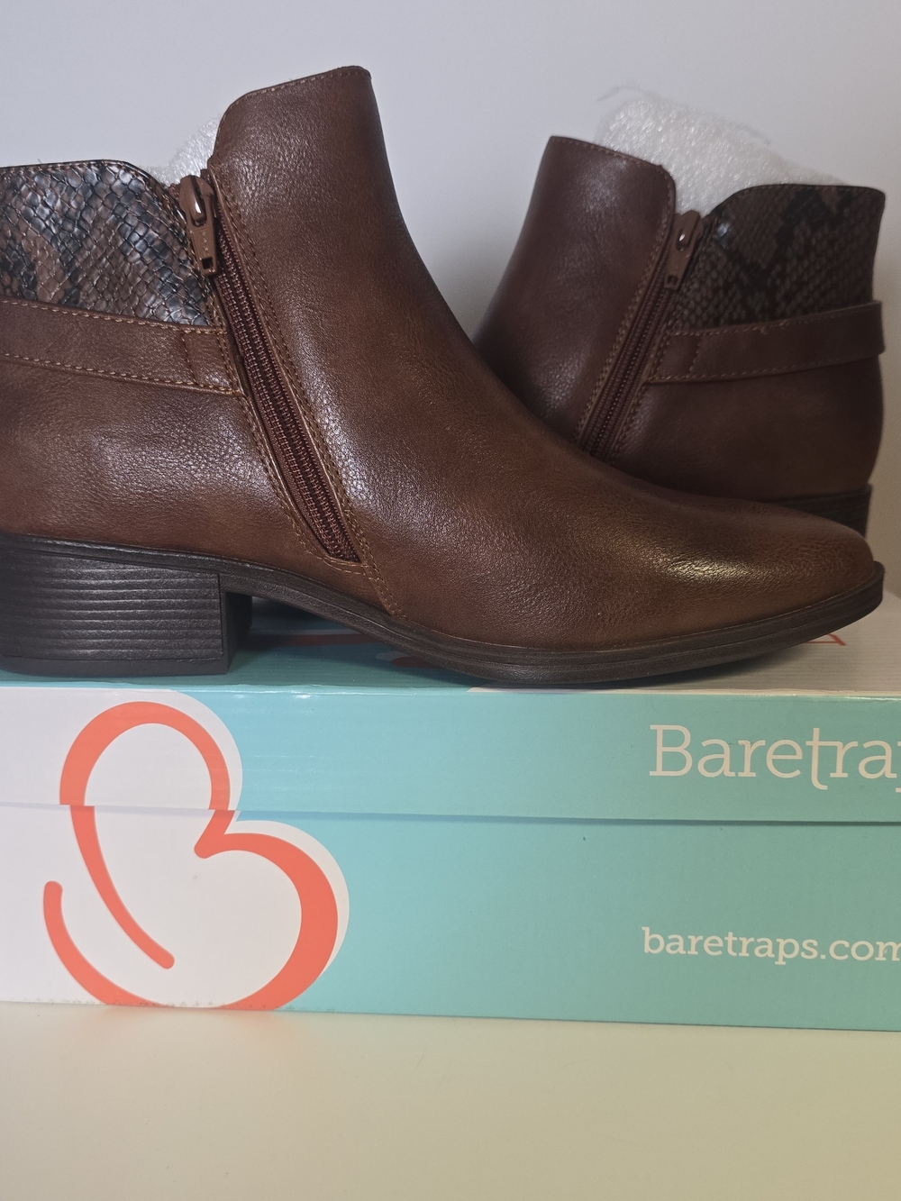 Baretraps Women's Brown Ankle Boot with Snake-Print Accent